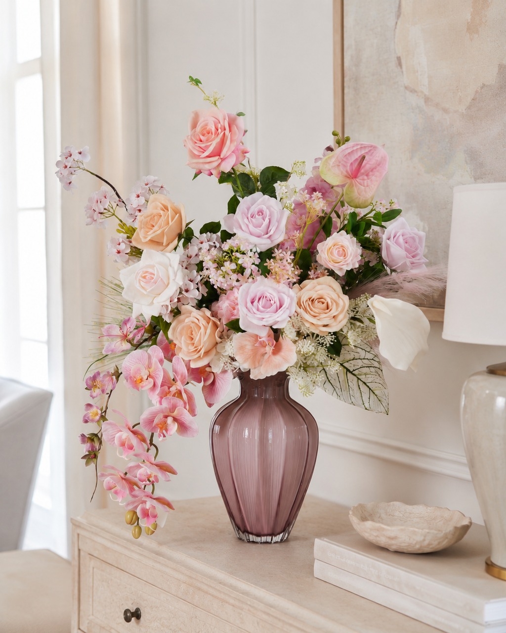 Pink Rose & Orchid Faux Floral Arrangement in Pink Glass Vase