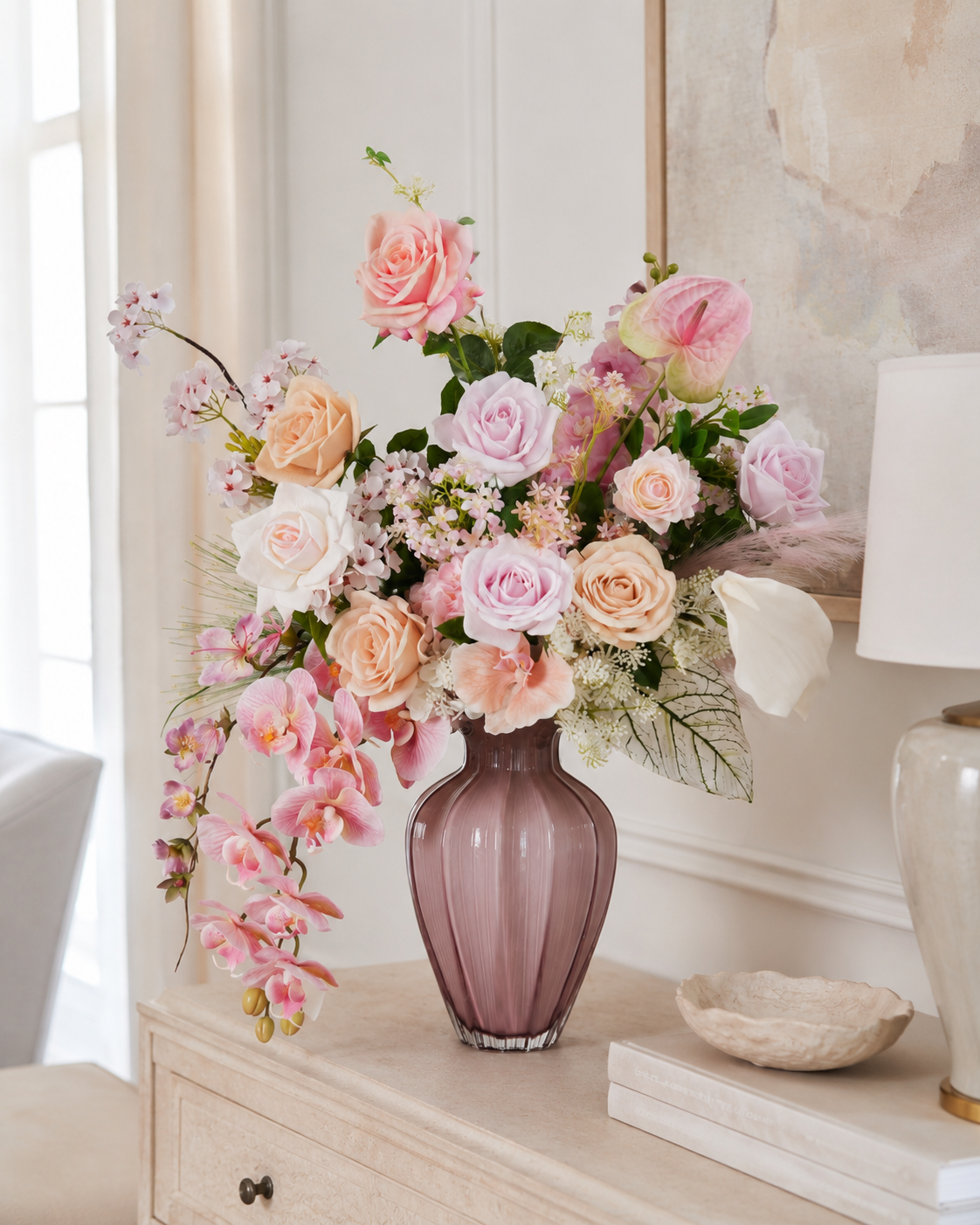 Pink Rose & Orchid Faux Floral Arrangement in Pink Glass Vase