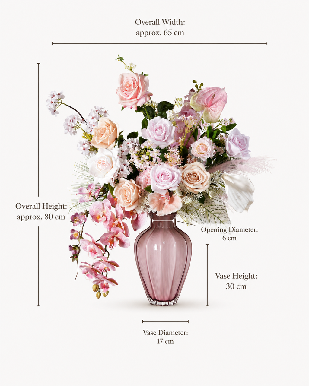 Pink Rose & Orchid Faux Floral Arrangement in Pink Glass Vase