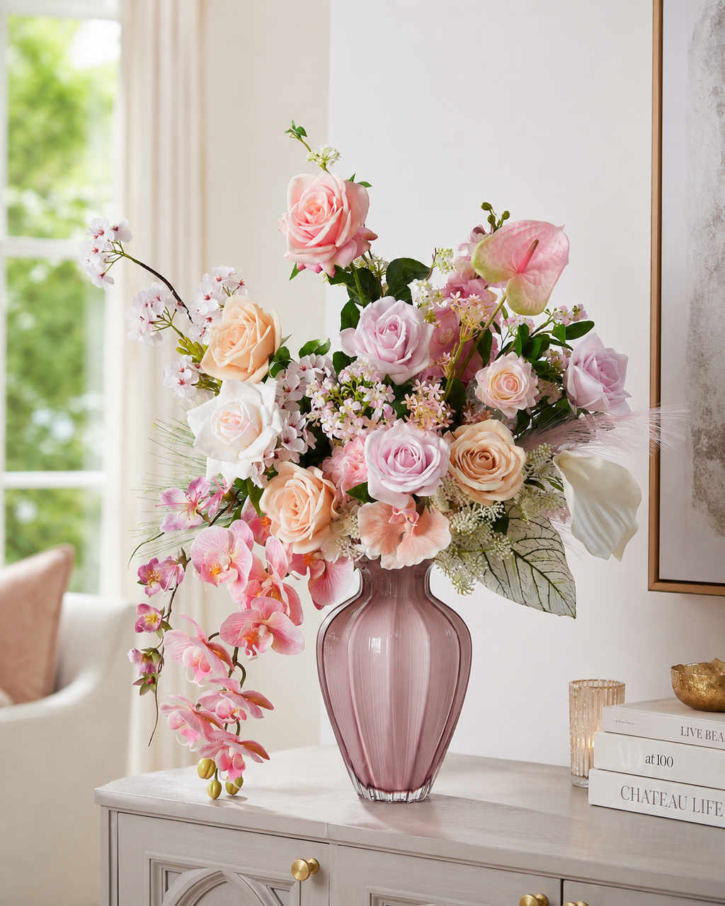 Pink Rose & Orchid Faux Floral Arrangement in Pink Glass Vase
