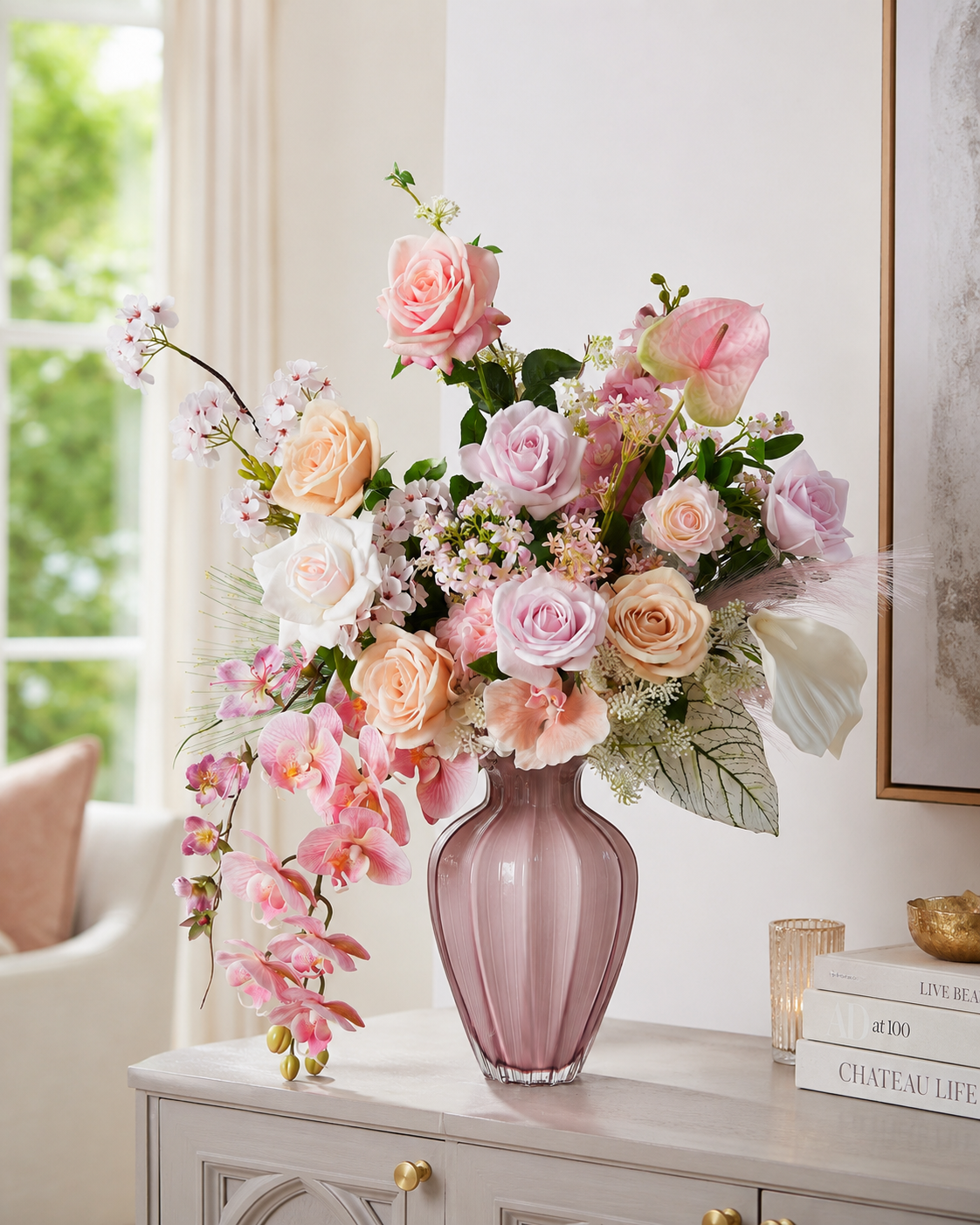 Pink Rose & Orchid Faux Floral Arrangement in Pink Glass Vase