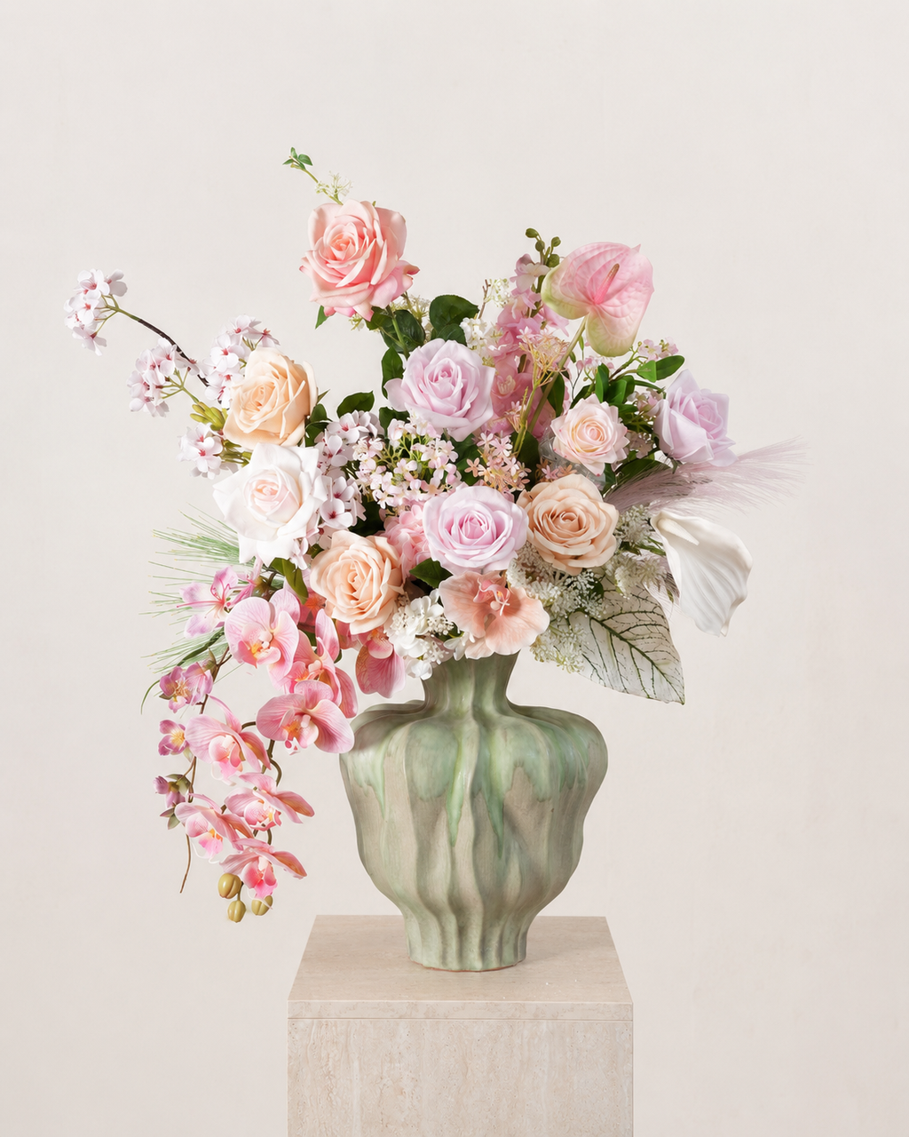 Pink Rose & Orchid Faux Floral Arrangement in Green Ceramic Vase