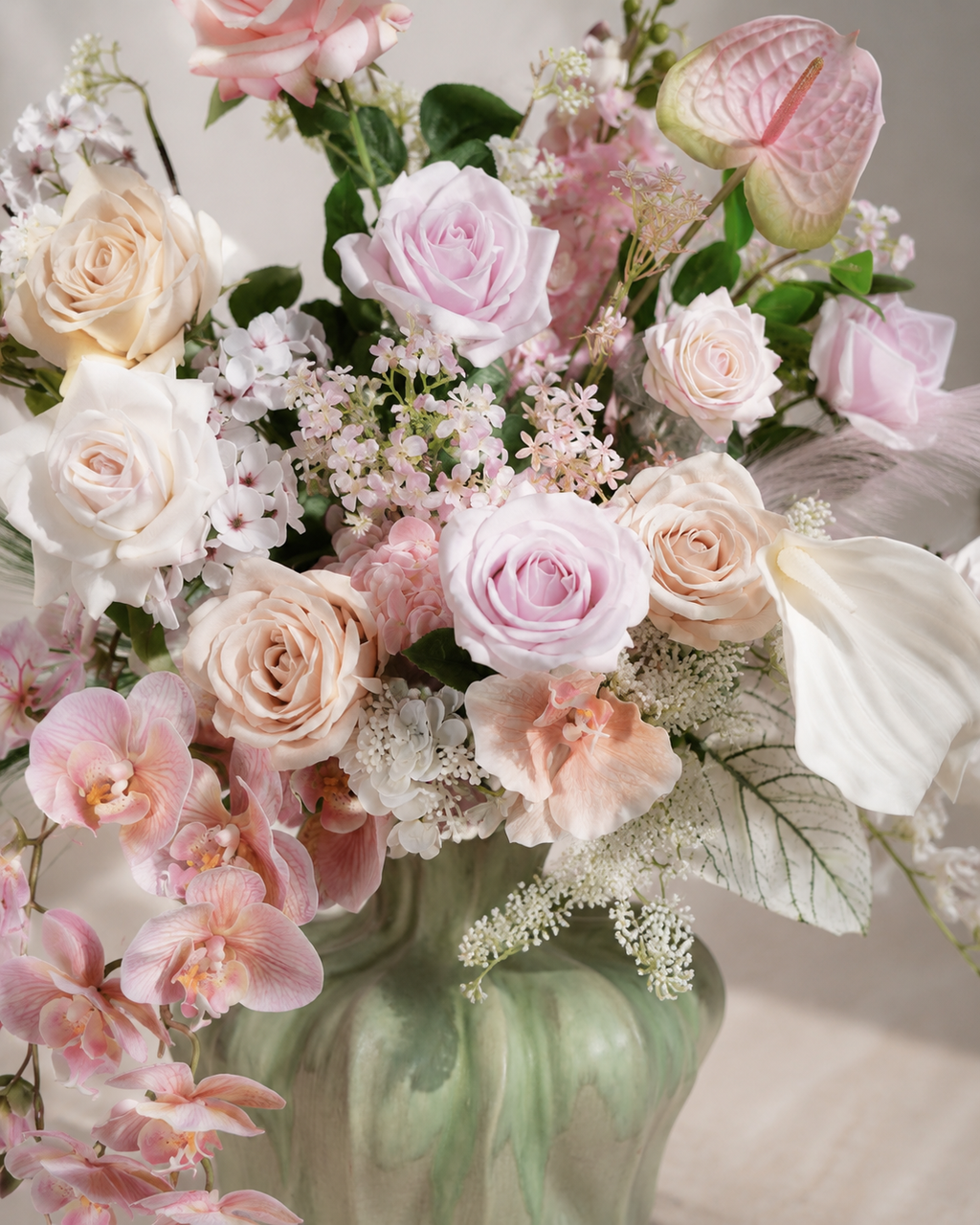 Pink Rose & Orchid Faux Floral Arrangement in Green Ceramic Vase