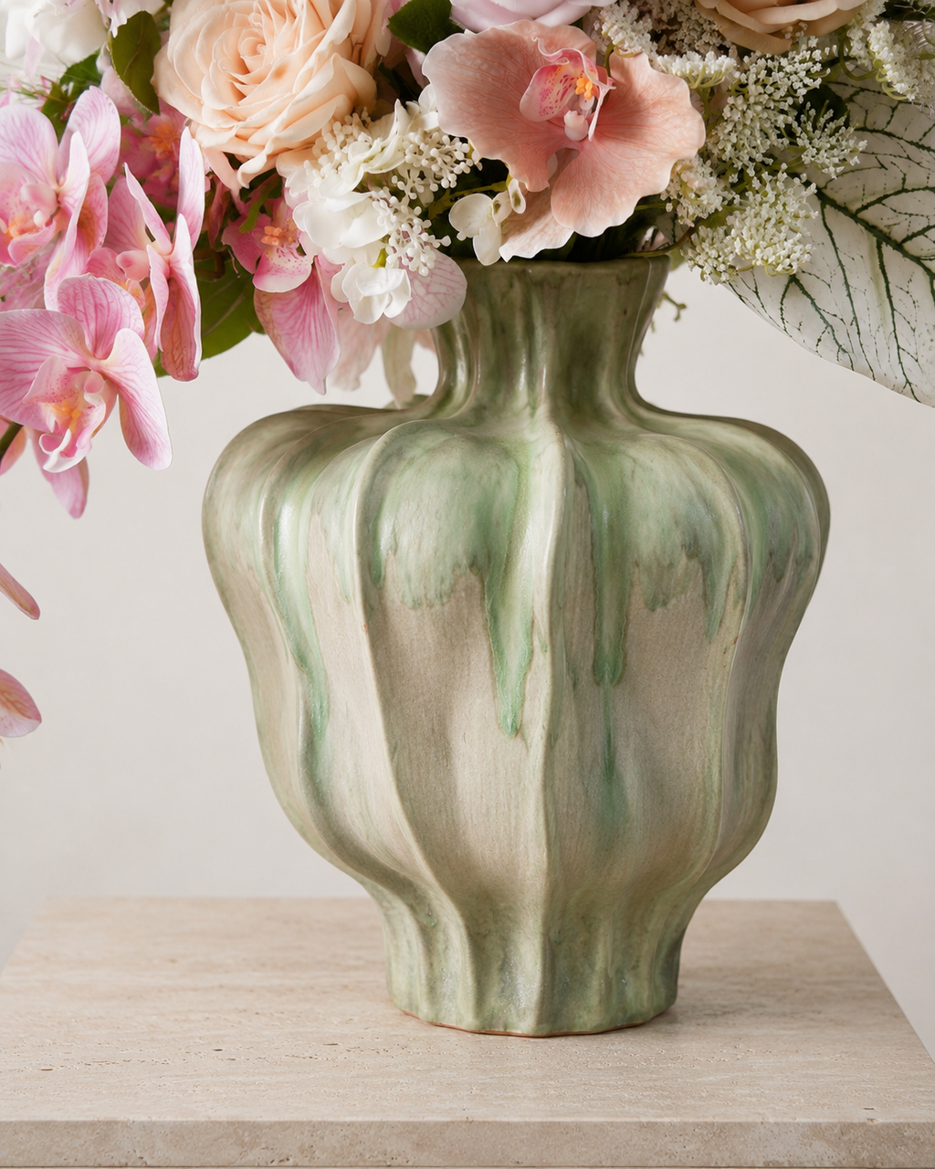 Pink Rose & Orchid Faux Floral Arrangement in Green Ceramic Vase
