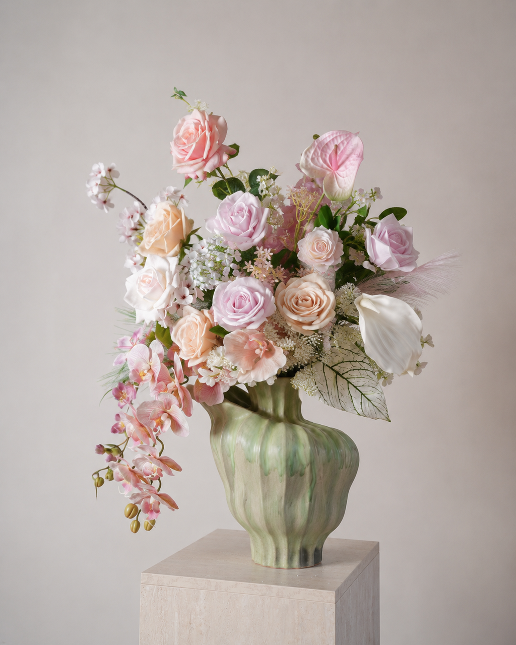 Pink Rose & Orchid Faux Floral Arrangement in Green Ceramic Vase