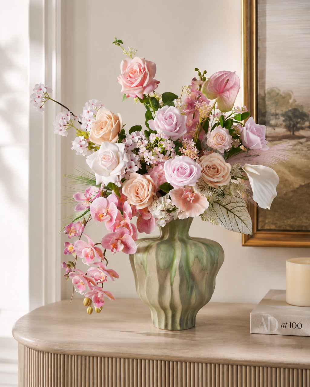 Pink Rose & Orchid Faux Floral Arrangement in Green Ceramic Vase
