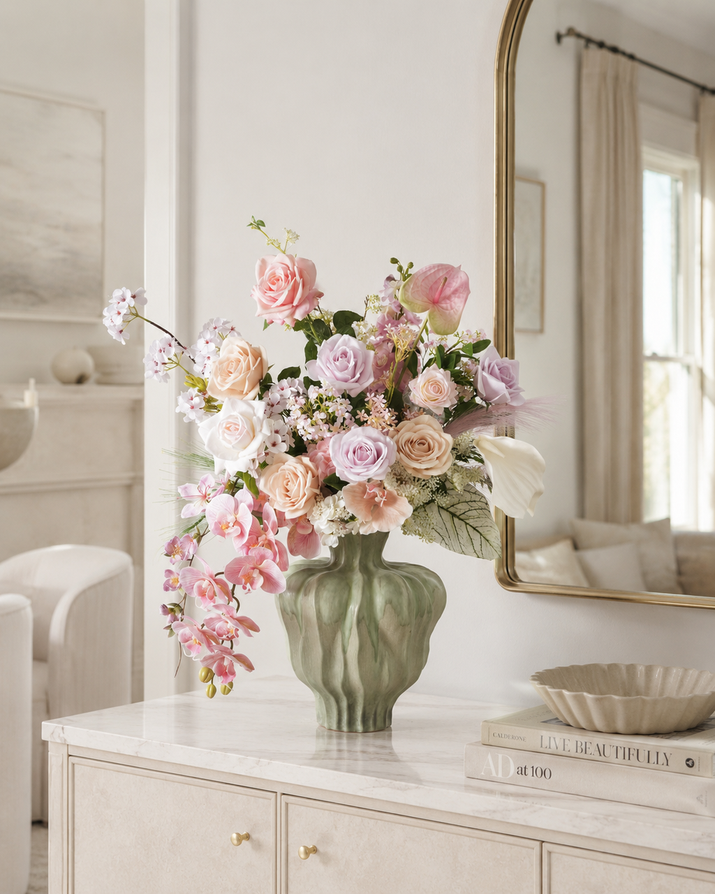 Pink Rose & Orchid Faux Floral Arrangement in Green Ceramic Vase