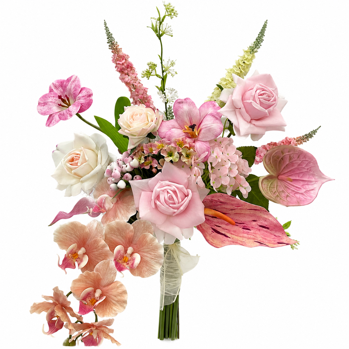 Pink Rose & Orchid Tropical Artificial Flower Bouquet – Luxury Faux Flowers