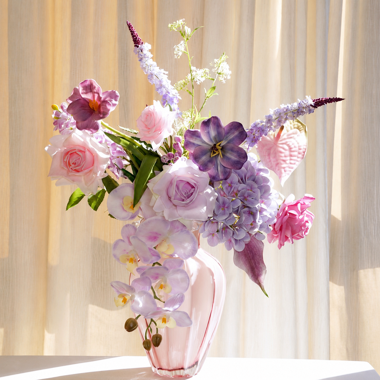 Lavender Rose & Orchid Artificial Flower Bouquet – Handmade Faux Flowers for Home Decor
