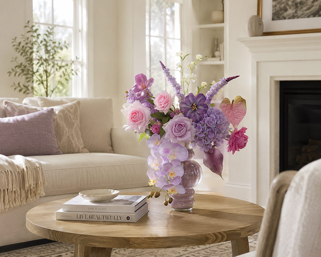 Lavender Rose & Orchid Artificial Flower Bouquet – Handmade Faux Flowers for Home Decor
