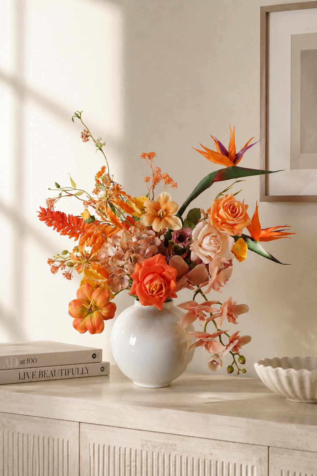 Orange Bird of Paradise Faux Floral Arrangement in White Ceramic Vase