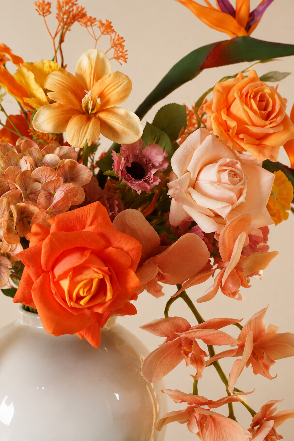 Orange Bird of Paradise Faux Floral Arrangement in White Ceramic Vase