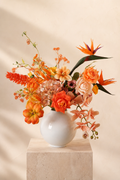 Orange Bird of Paradise Faux Floral Arrangement in White Ceramic Vase