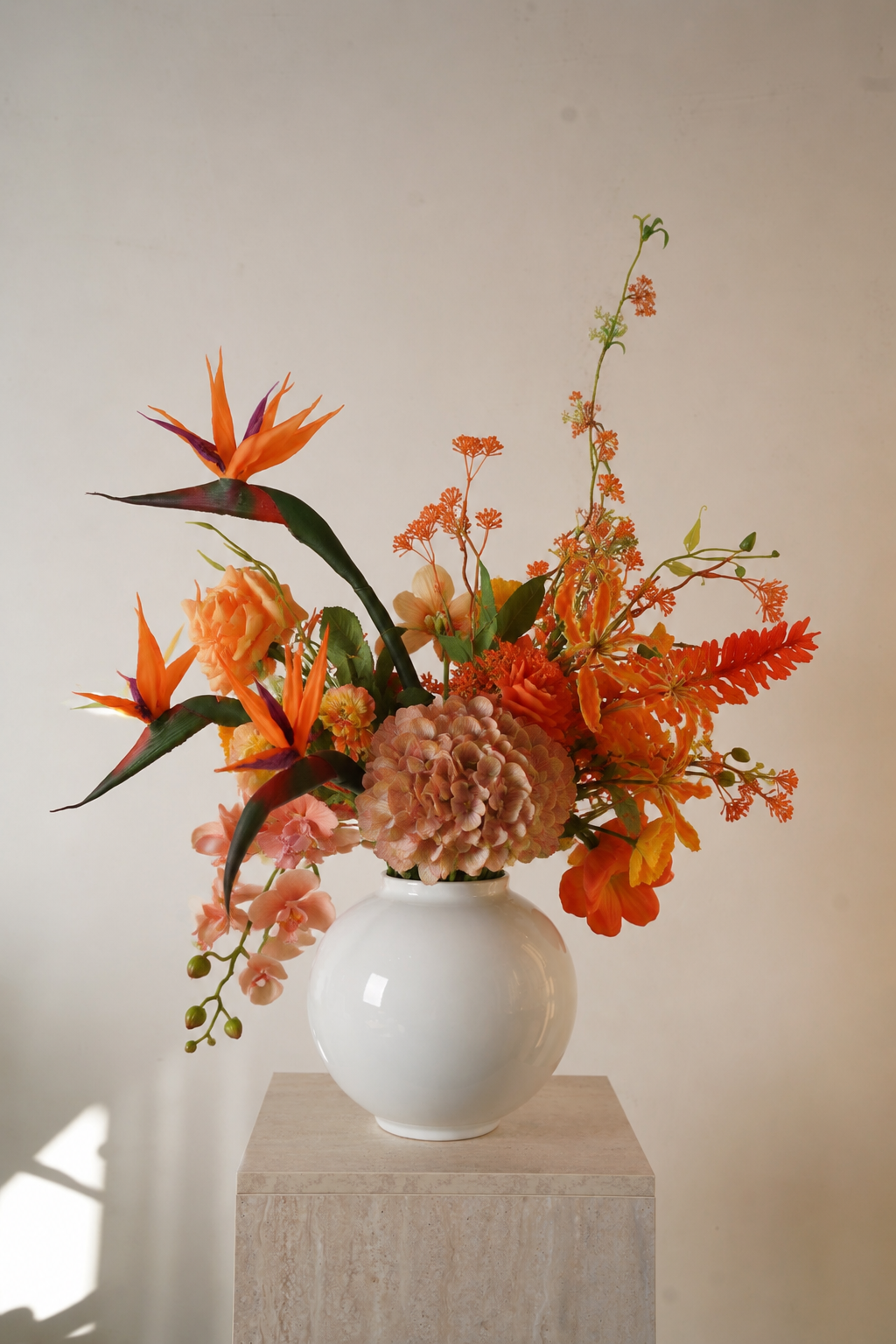 Orange Bird of Paradise Faux Floral Arrangement in White Ceramic Vase